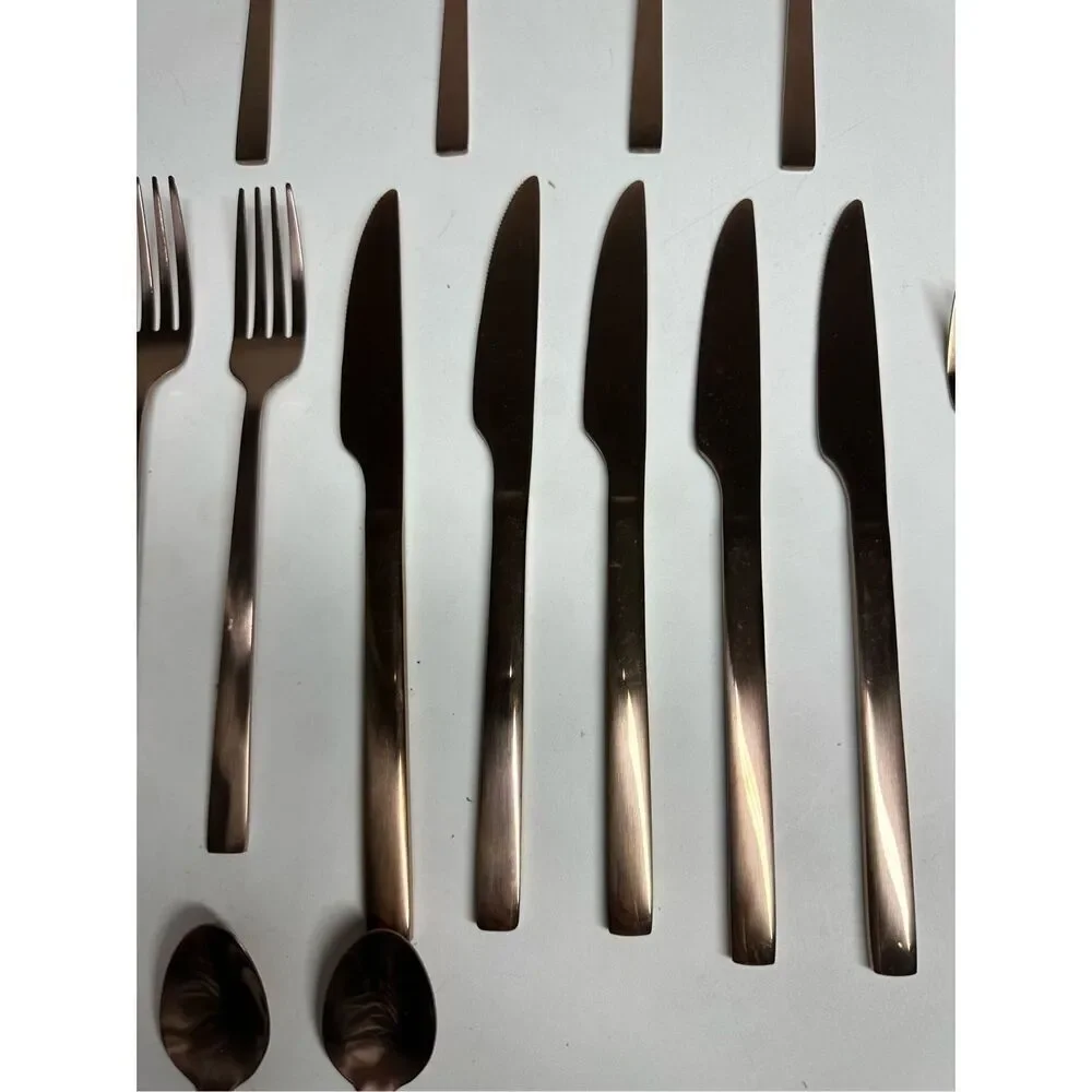 25 pcs Brushed Bronze Flatware Dinner Forks, Knives, Spoons Teaspoons Ds Forks